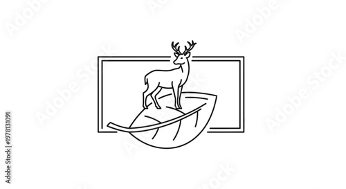 Elegant Deer Silhouette on Leaf within Rectangle Frame, Nature Logo Concept
