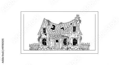 Abandoned Old House Exterior, Dilapidated Cottage, Broken Windows, Overgrown Garden, Rural Decay