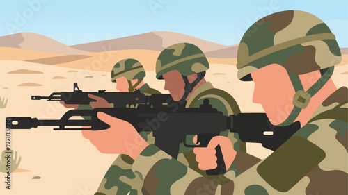Illustration Of Soldiers Practicing Shooting In A Desert Environment Vector Design Template