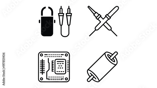 Tech Elements: A collection of technical instruments, encompassing a circuit board, probe, and capacitor, symbolizing technological innovation.