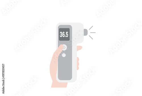 平熱を表示している非接触体温計とそれを持つ手のイラスト