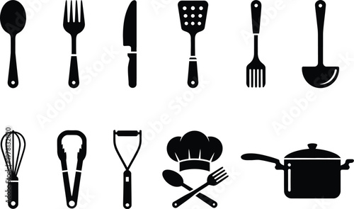 Kitchen Utensil Silhouette Icon Set, Cooking Tools and Black Kitchenware Outline Icons Collection for Culinary, Food Preparation, Restaurant, Menu Design, Vector Illustration for Web and Apps