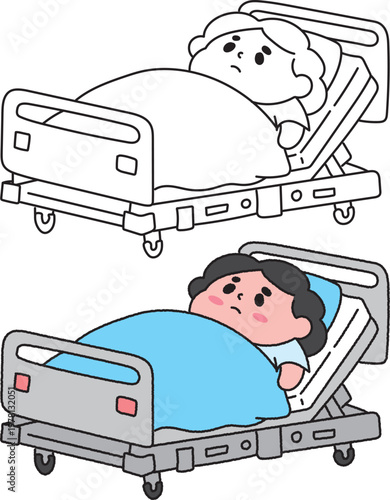 Sick Patient Lying in Hospital Bed Cartoon Illustration