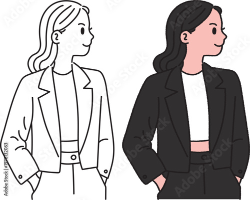 Stylish Woman in Black Suit Cartoon Illustration