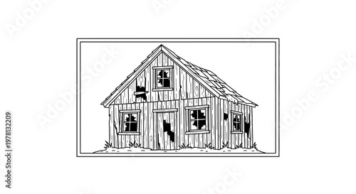 Abandoned Old Wooden House with Broken Windows and Peeling Paint, Rural Decay