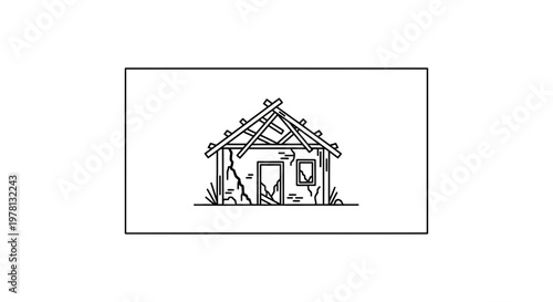 Abandoned Ruined House Exterior Outline Drawing