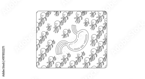 Cartoon Stomach with Happy Microbes, Gastric Health Concept