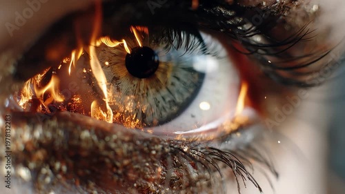 Close up of a person's eye with flames reflecting in the iris during an intense moment captured in a video clip