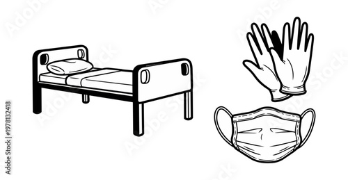 Medical bed gloves face mask healthcare supplies black and white illustration