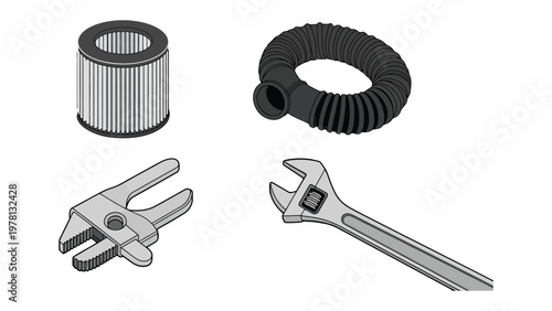 Mechanical Components: An array of essential mechanical components, including a cylindrical air filter, flexible corrugated hose, specialized wrench, and an adjustable wrench.