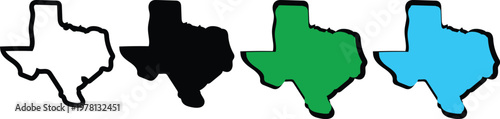 Texas state map icons in black white green and blue colors with hand drawn outline isolated on white