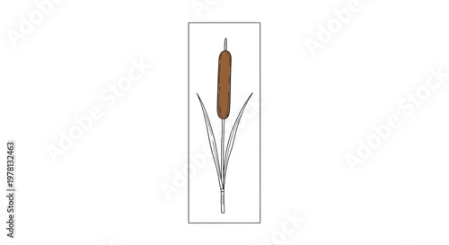 Cattail Plant Silhouette with Leaves in a Rectangle Frame