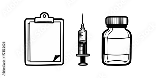 Medical illustration of syringe bottle and clipboard isolated on black background