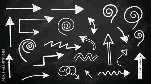 A collection of white chalk arrows and swirls on a blackboard background, including straight and curved arrows, spirals, and zigzags