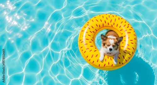 Dog swimming in pool with float.