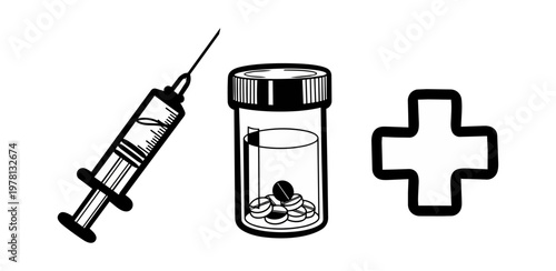Medical symbols illustration syringe pills and cross on black background
