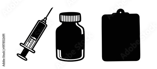Medical syringe and vial silhouette on black background health concepts