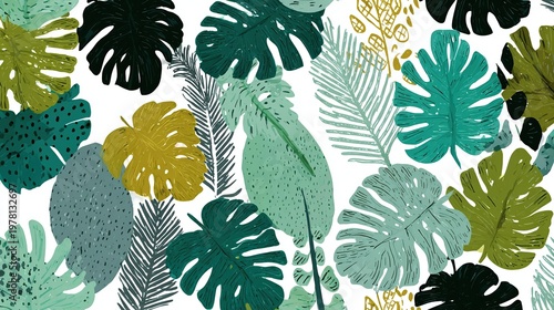 Seamless tropical leaves pattern featuring vibrant charcoal and teal green shades