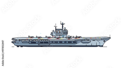 A vector CAD designed aircraft carrier ship floats on water
