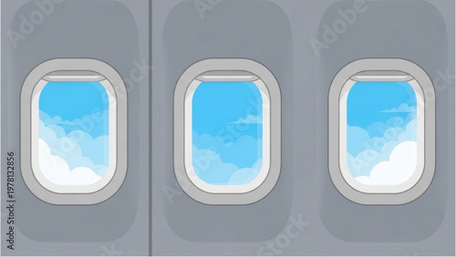Airplane windows show blue sky with white clouds outside vector CAD