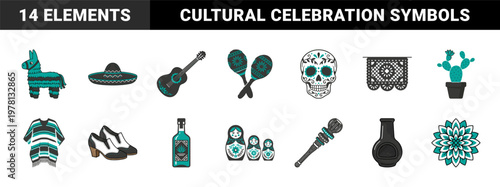 Mexican Fiesta Celebration Cultural Vector Set