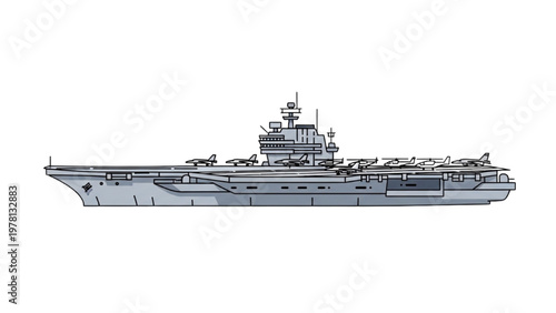 Vector CAD illustration of an aircraft carrier ship in the ocean