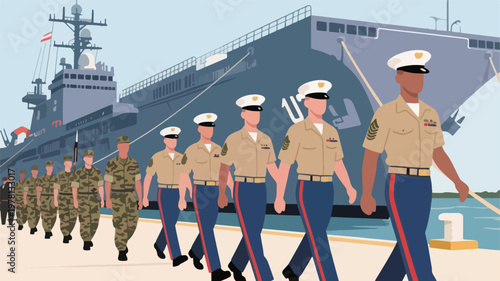 Illustration Of Soldiers Lined Up On A Pier With A Navy Warship In The Background Vector Design Template