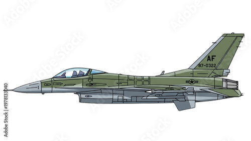 Military vector CAD illustration of a green fighter jet aircraft in flight