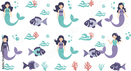 Seamless Mermaid Pattern Vector Illustration with Cute Siren Characters Fish Coral Seaweed and Ocean Elements in Flat Cartoon Style for Kids Design.