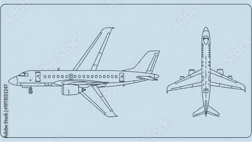Vector CAD designs showcase airplane from side and top views