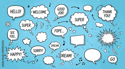 Speech bubbles and thought clouds in a comic book style on a blue background for conversation and communication