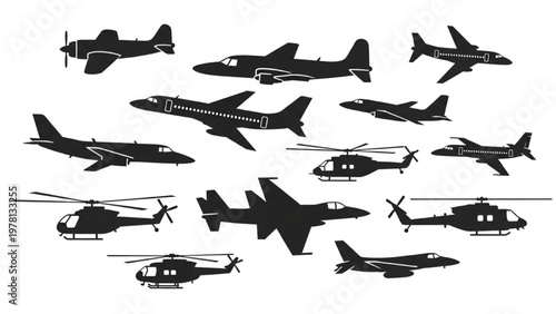 Various vector CAD aircraft models including planes and helicopters in flight.