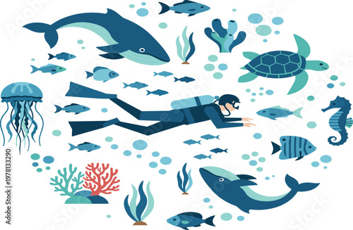 Underwater Diving Scene Vector Illustration with Scuba Diver Whale Dolphin Turtle Fish Jellyfish Seahorse Coral and Marine Life in Flat Ocean Style.