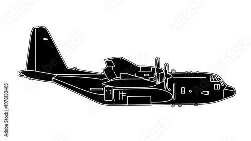 Vector CAD drawing of military transport airplane in flight