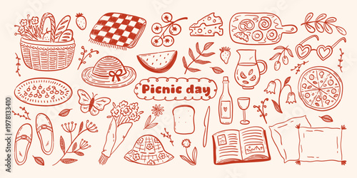 Set of quirky line art illustrations of picnic food and decor. Doodle drawings of blanket, basket with flowers, pizza, tomatoes and various countryside objects. Whimsical vector dinner ink silhouettes