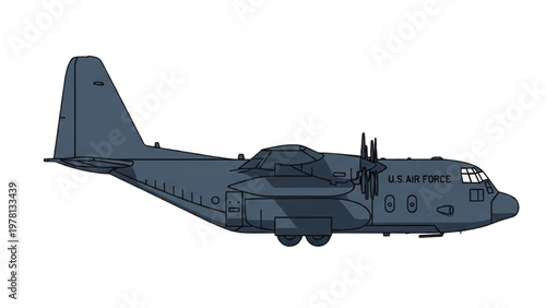 Military vector CAD airplane flies through clear sky with propellers