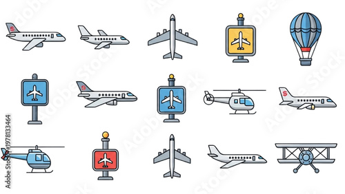 Vector CAD illustrations of various airplanes and helicopters on runways with signs