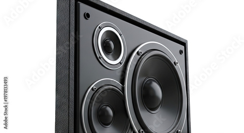Close-up of a black three-way speaker with chrome accents