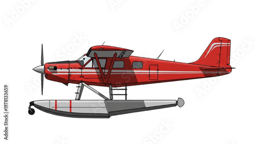 Vector CAD drawing of a red seaplane floating on water with propeller