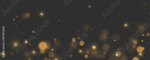 Soft golden bokeh circles shimmer with elegant glow on dark background. Floating glitter dust creates dreamy atmosphere. Perfect luxury design use.