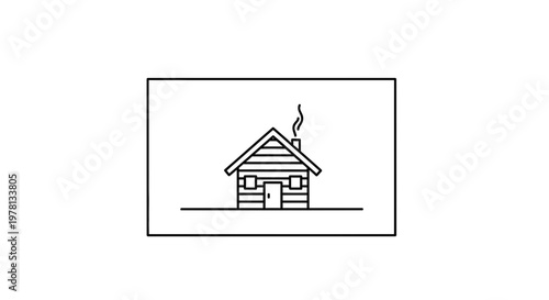 Cozy Log Cabin Icon with Smoke from Chimney, Simple Line Art, Rural Retreat