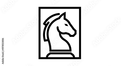 Black and White Chess Knight Icon in Square Frame, Strategic Game Symbol