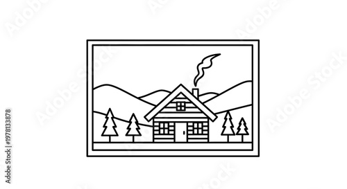 Cozy Log Cabin in Snowy Mountains Landscape, Winter Scene with Smoke from Chimney