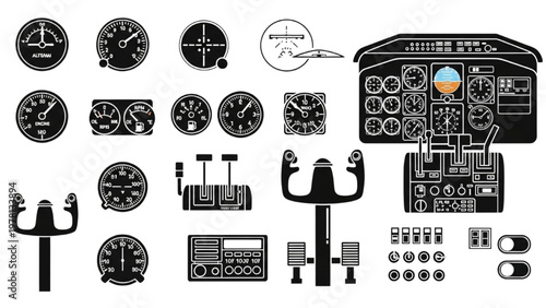 Vector CAD illustration of cockpit controls and instruments in a plane