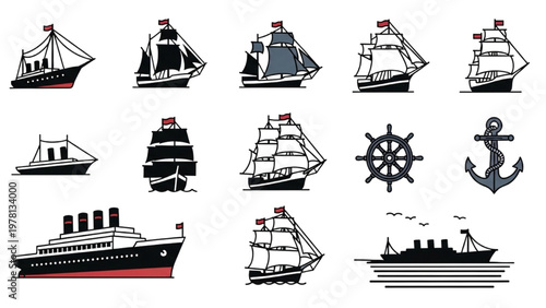 Vector CAD designs of various ships and nautical icons on white
