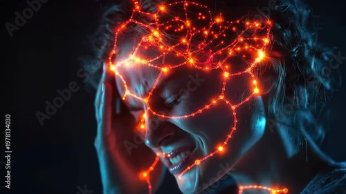 Woman touching head with glowing brain to represent mental health awareness and emotional wellbeing in a dark setting