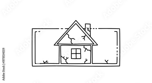 Cracked House Facade Icon on Blueprint Background