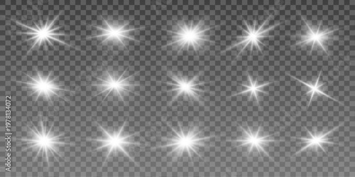 Magic set star flare shines with smooth radiant beam glow. Spark particles float around luminous core softly. Ideal Christmas graphic themes.