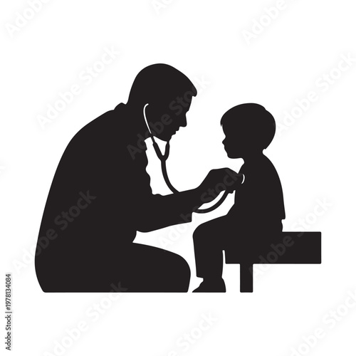 Silhouette of a doctor using a stethoscope to examine a young child sitting on a bench