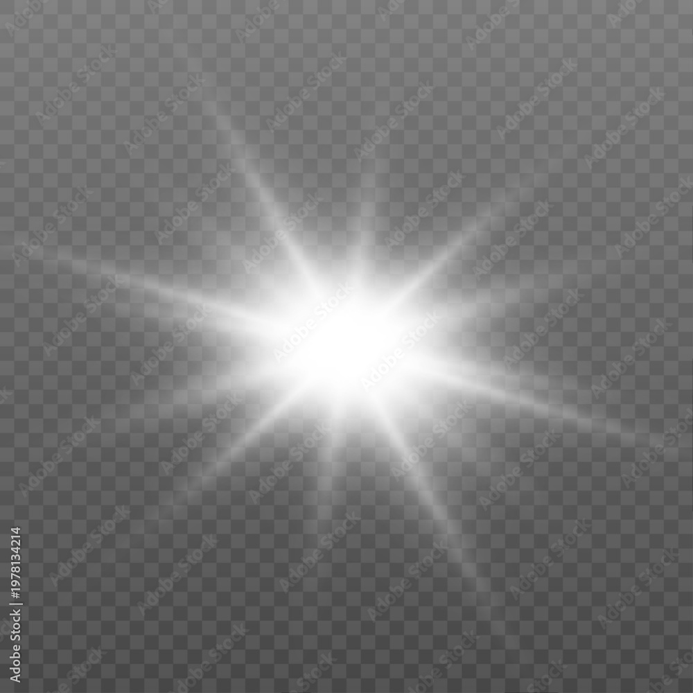 Fototapeta premium Radiant star light explodes with clean sharp beams. Floating glitter particles enhance bright glowing center. Perfect for elegant festive design.